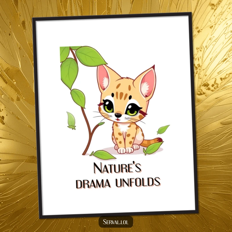 Funny serval poster illustrating a serval's focused, excited expression while stalking a rustling leaf, capturing a humorous wild moment.