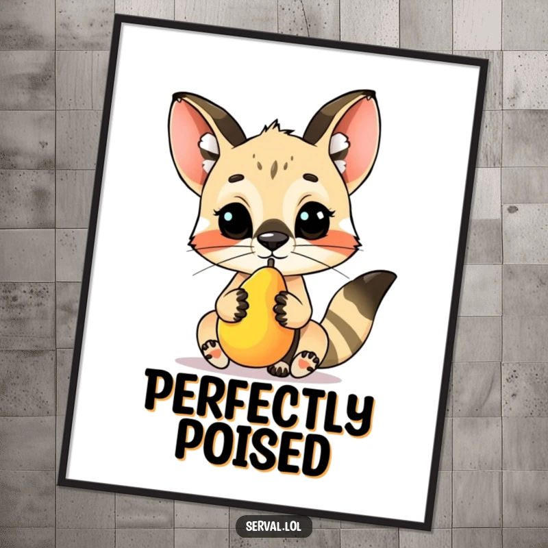 Funny serval character poster, perfectly balancing a small piece of fruit on its nose, with a serene and proud expression.