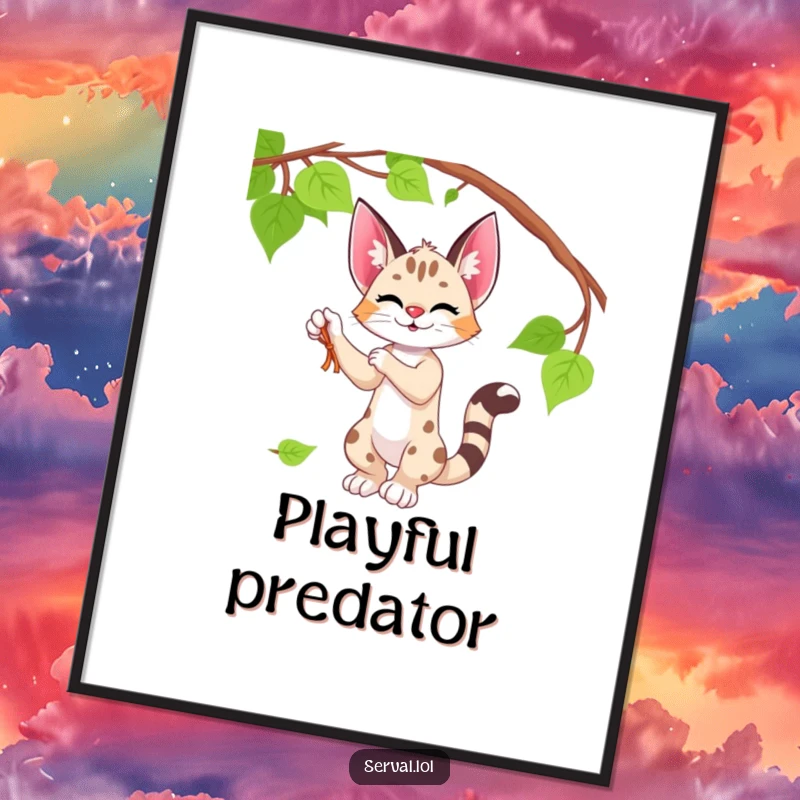 Funny serval poster showcasing a serval mid-play, batting at a vine, bringing energy and charm.