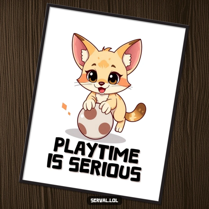 Funny serval poster illustrating a cat executing a comical pounce on a rolling ball, bringing energetic fun to walls.