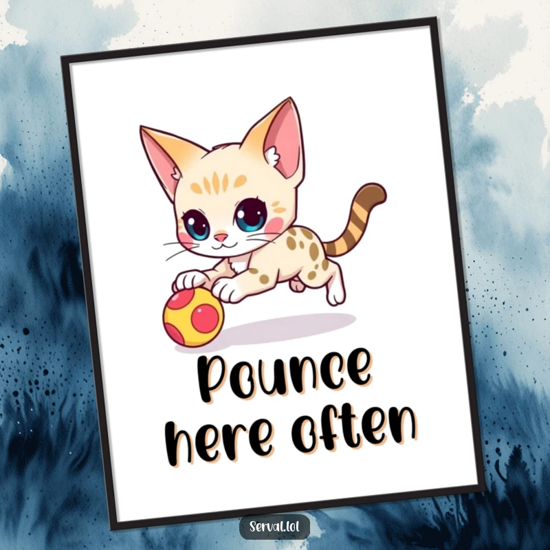 Funny serval cat character poster capturing an agile serval cat in the thrilling act of a quick pounce on a toy.