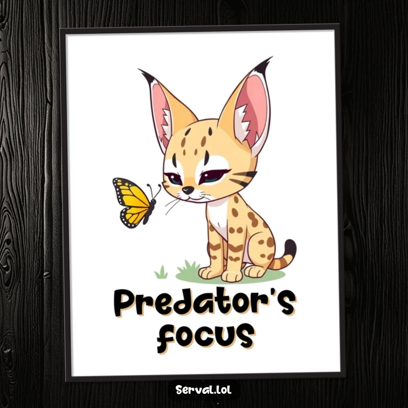 Funny poster of a serval intently stalking a brightly colored butterfly, perfect for humorous wildlife decor.
