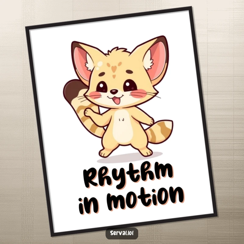 Funny kawaii serval character captured mid-dance step with nimble grace, displayed on a poster.