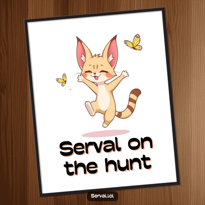 Funny poster print of a kawaii serval character leaping playfully towards a delicate butterfly, exuding innocent joy and natural charm.