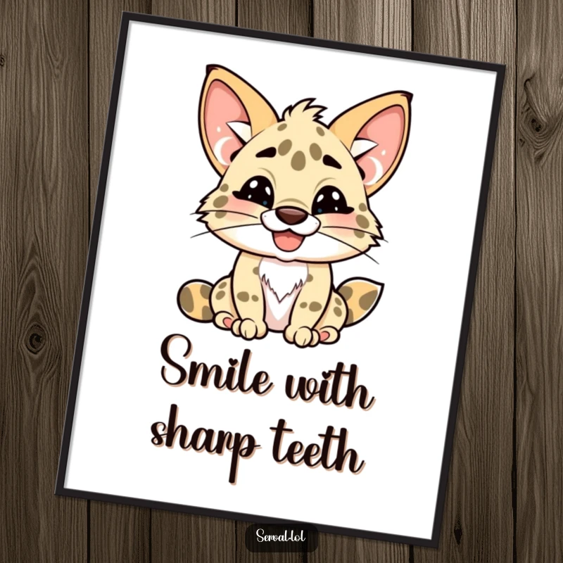 Funny kawaii serval poster print, cute serval with a playful toothy grin, whimsical wall art, perfect funny gift.