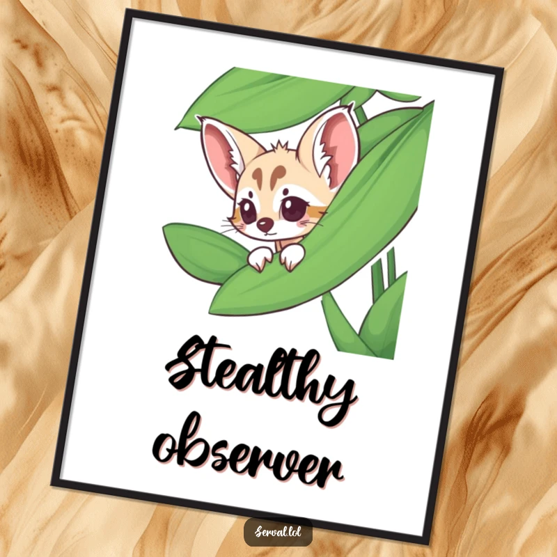 Funny serval poster showcasing a serval peeking from behind a large jungle leaf, creating a whimsical scene.