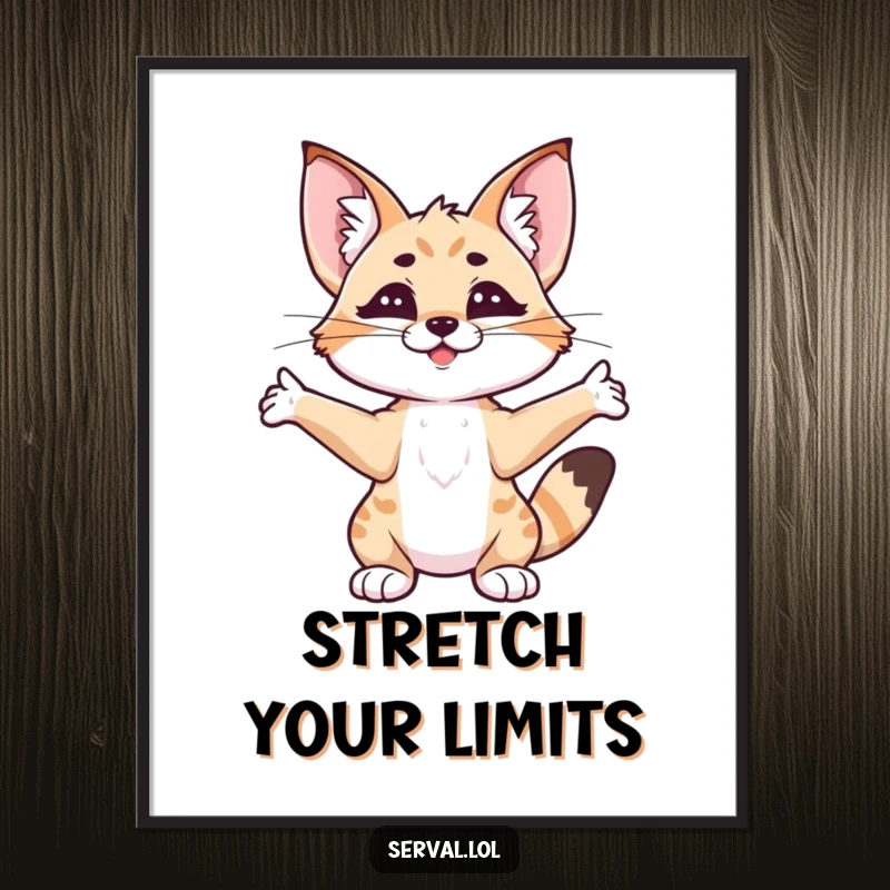 Funny serval stretching poster, a serval cat in a deep, contented stretch, making a humorous statement piece.