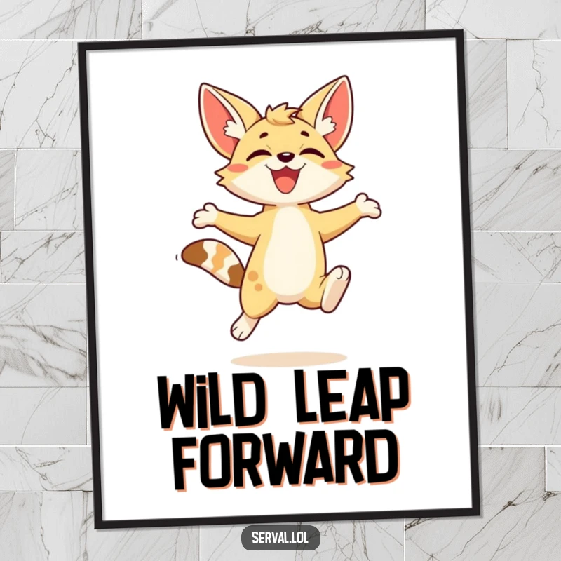 Funny kawaii serval character captured in a dynamic, joyful leap, making for lively wall art.