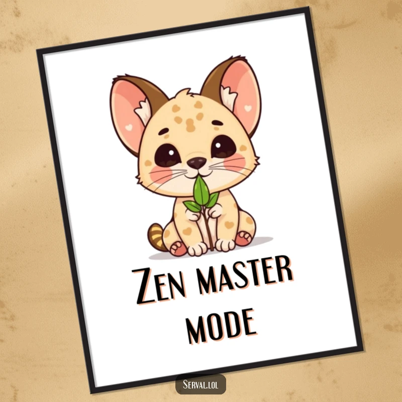 Funny kawaii serval cat character balancing a small leaf on its nose, as cute wall art.