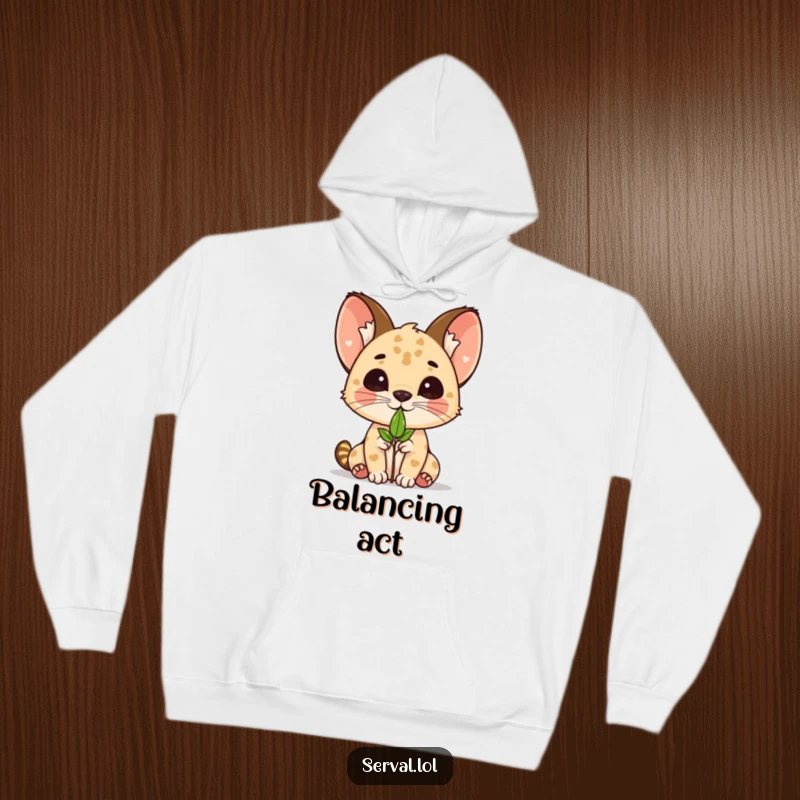 Funny kawaii serval cat balancing a small leaf on its nose, printed on a warm and comfortable hoodie.