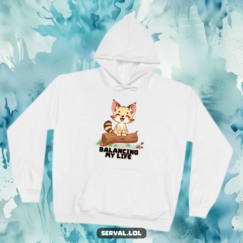 Funny Serval Hoodie: A delighted serval balances proudly on a log, offering comfort and a humorous sense of victory.