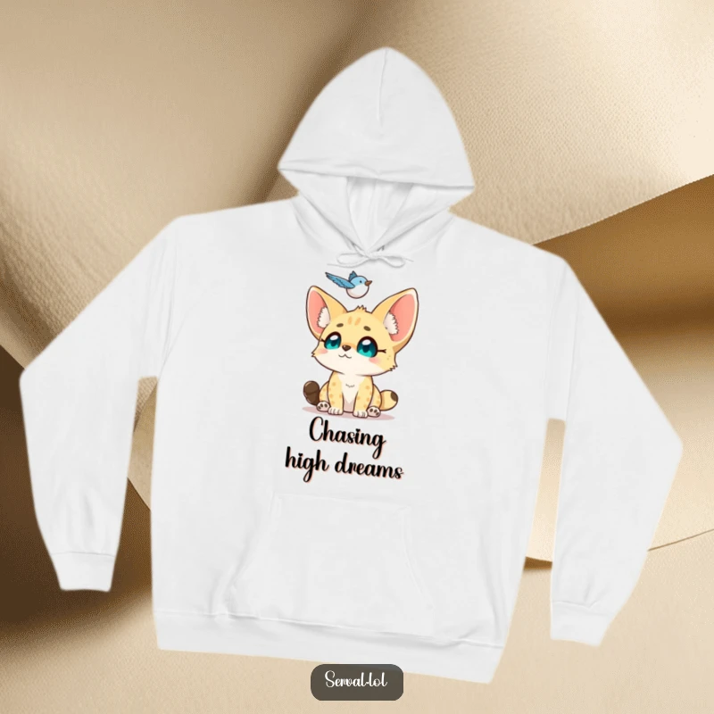 Funny Serval Hoodie: A small serval looks up with adoring eyes at a hovering bird, radiating warmth and gentle admiration.