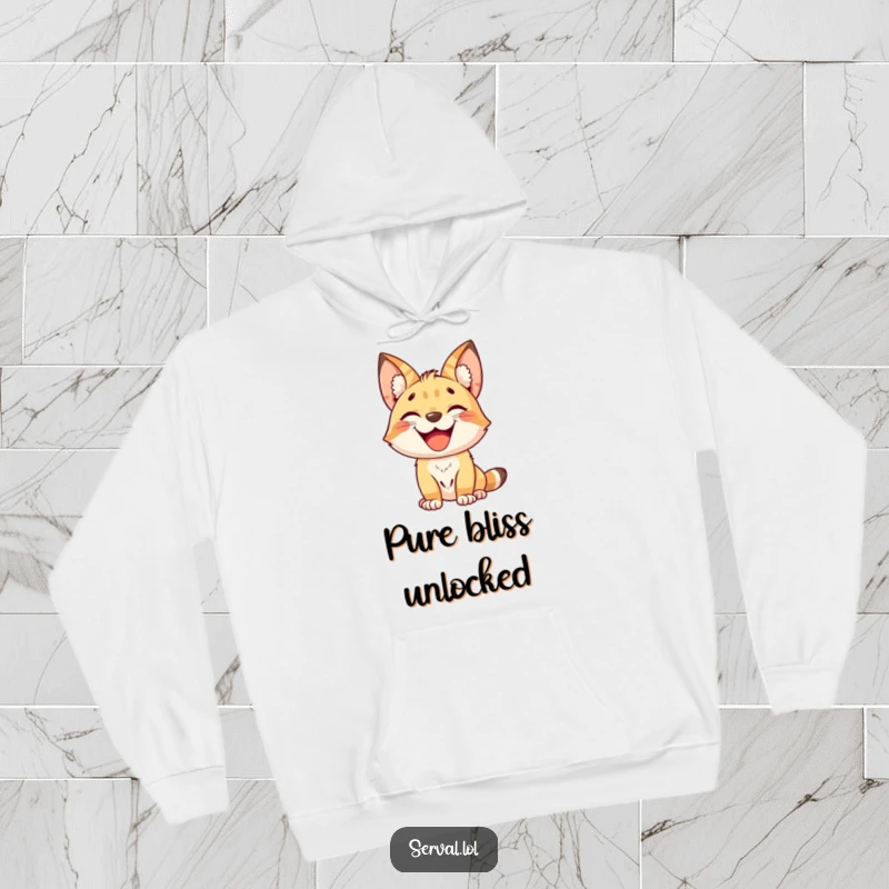 Funny kawaii serval cat with a wide, delighted grin, soft and warm hoodie, cute jungle animal illustration, a funny gift.