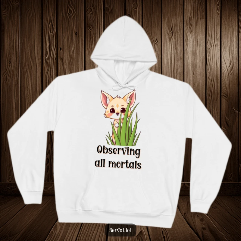Funny kawaii serval cat peeking from tall grass, soft and warm hoodie, cute jungle animal illustration, a funny gift.