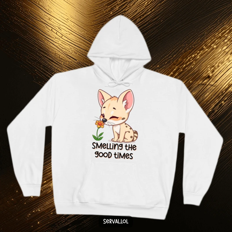 Funny Serval Hoodie: A curious serval delights in sniffing a small, colorful flower, perfect for cozy, joyful moments.