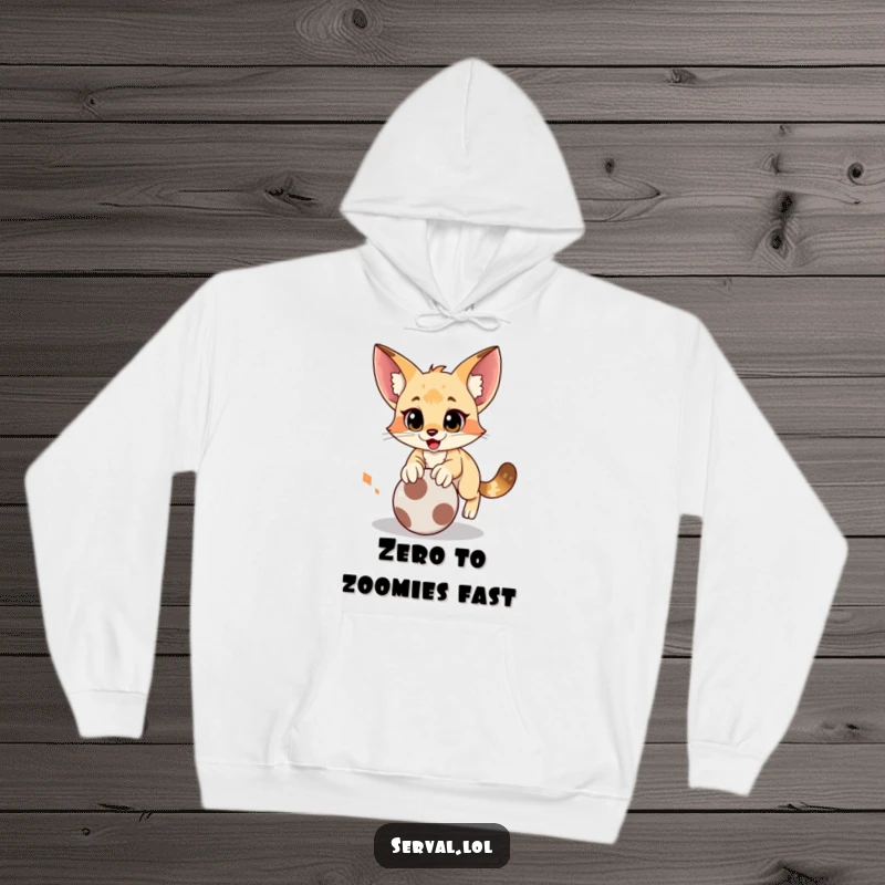 Funny serval hoodie showing a cat in a comical pounce on a rolling ball, designed for comfort and playfulness.