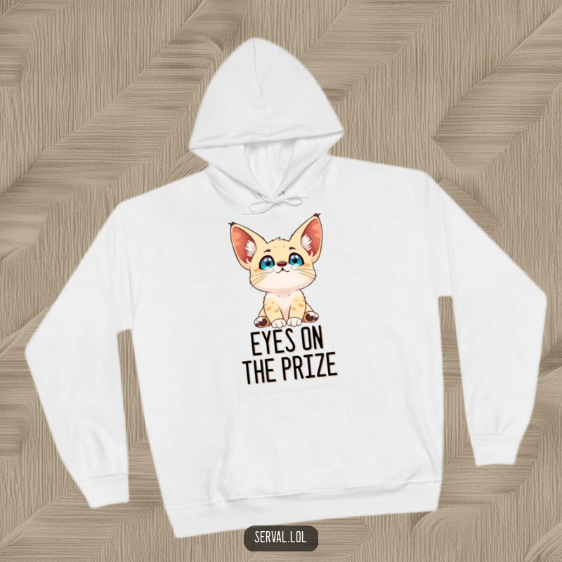 Funny serval hoodie depicting a serval gazing at the sky with bright eyes, offering cozy warmth and whimsical wonder.