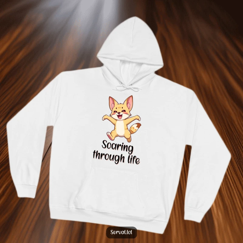Funny serval hoodie showing a wild cat leaping high in the air with visible joy, conveying enthusiasm and freedom.
