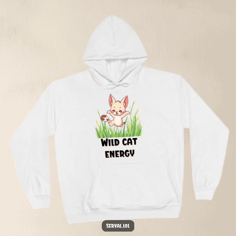 Funny hoodie featuring a serval cat leaping playfully through tall grass, blending comfort with wild, humorous energy.