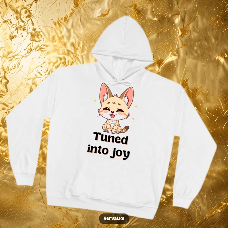 Funny Serval Hoodie: A serval character listening intently with ears perked, radiating joy, a perfect funny gift.