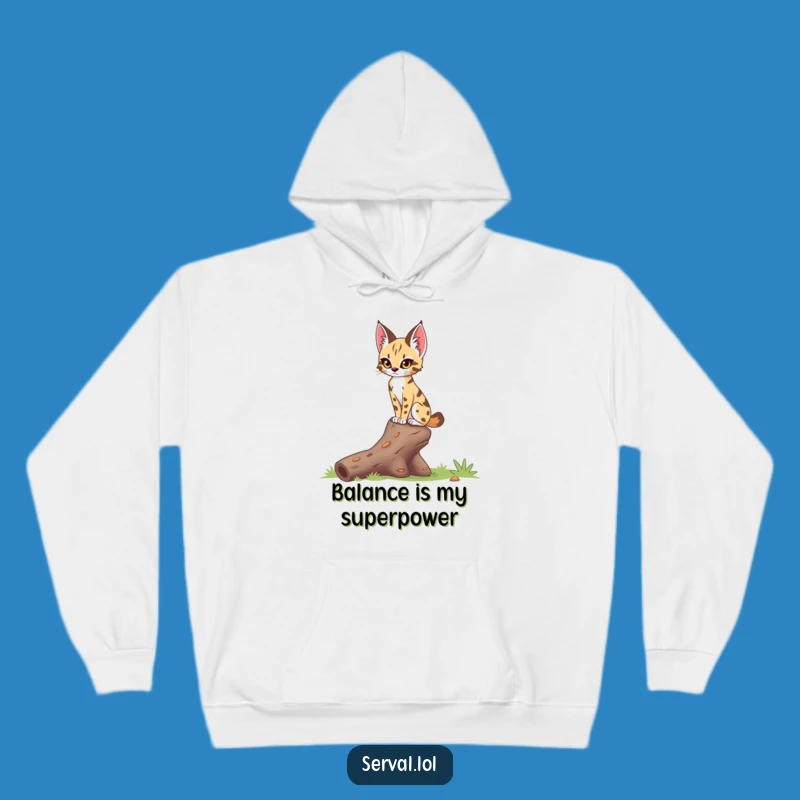 Funny Serval Log Balance Hoodie: Cozy Feline Agility, Perfect Funny Gift for Outdoor Enthusiasts