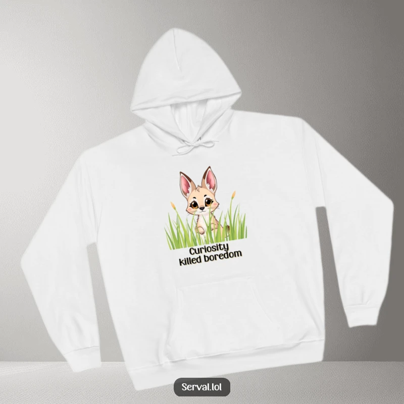 Funny Serval Peek Hoodie: A cozy hoodie featuring a serval peeking with curious eyes from grass, offering subtle humor.