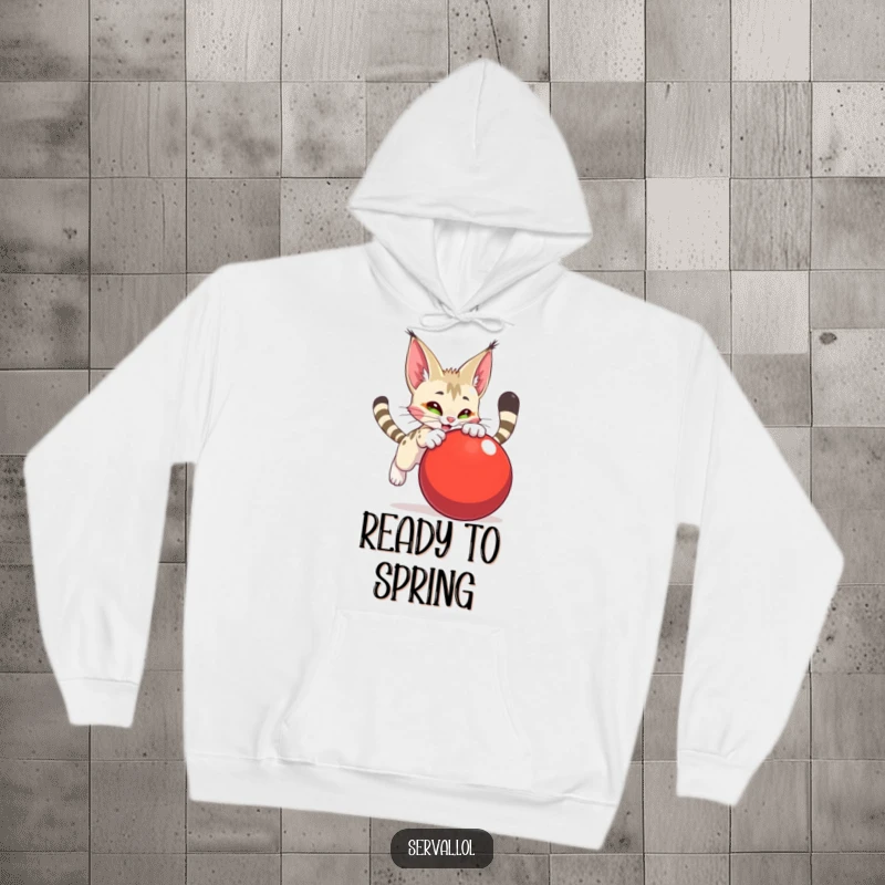 Funny serval character hoodie, mid-pounce on a large red ball, looking determined and playful, a cozy hug of fun.