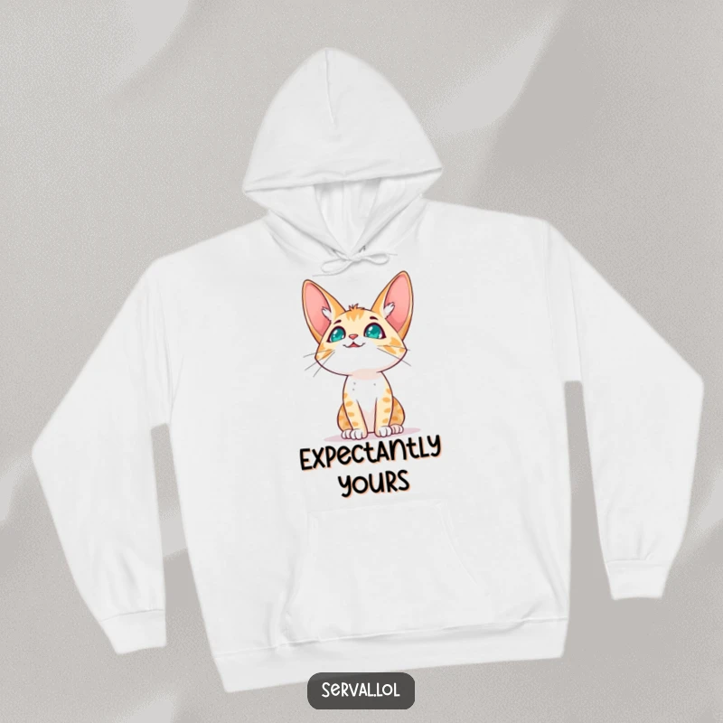 Funny serval cat character hoodie showing a serval cat looking up at the sky with an expectant gaze, designed for thoughtful relaxation.