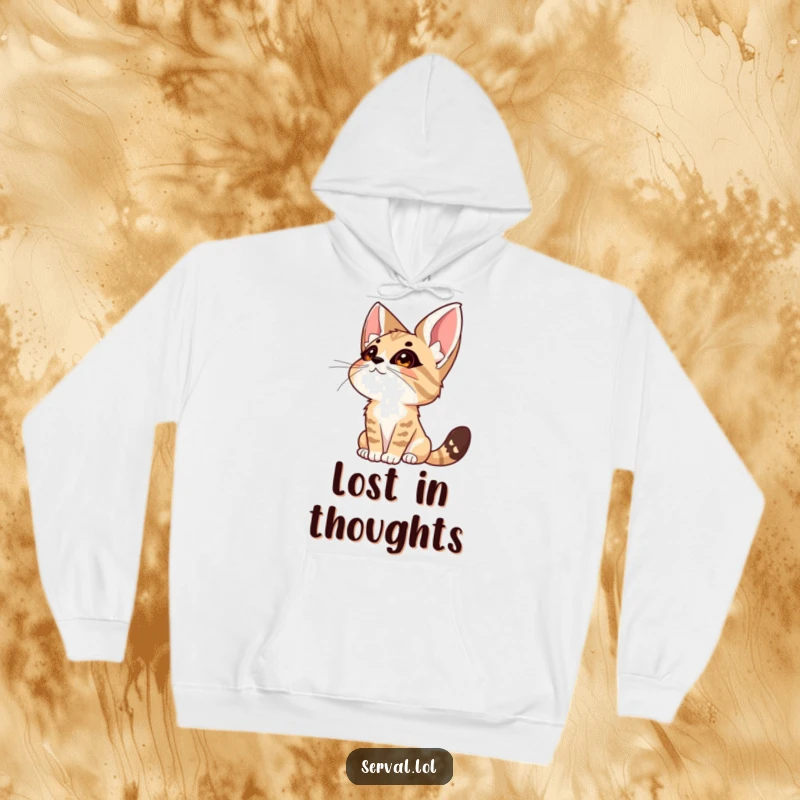 Funny Serval Wonder Hoodie. A serval cat gazes towards the sky with a look of pure wonder and curiosity, perfect for cozy contemplation.