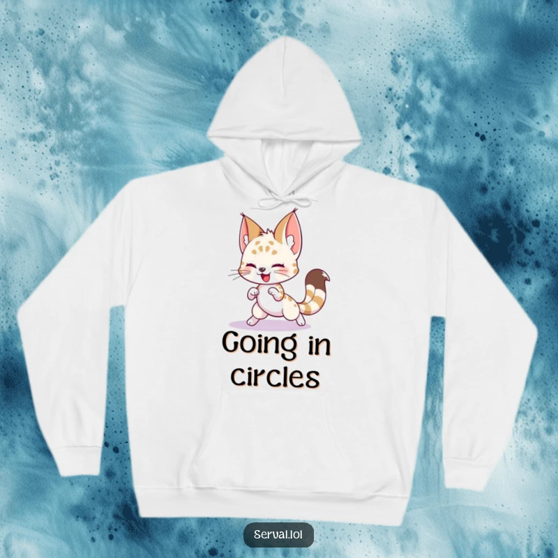 Funny Serval Hoodie: A playful serval character depicted mid-chase with its own tail, ensuring cozy fun.