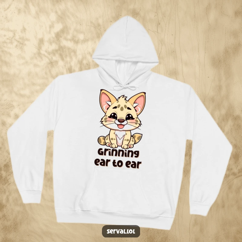 Funny kawaii serval hoodie, cute serval with a mischievous toothy grin, warm apparel, perfect funny gift.