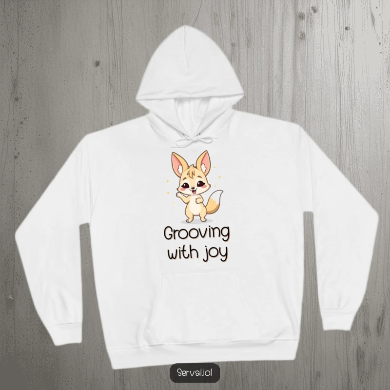 Funny Serval Hoodie: A serval character doing a happy, energetic wiggle dance, radiating pure joy and fun.