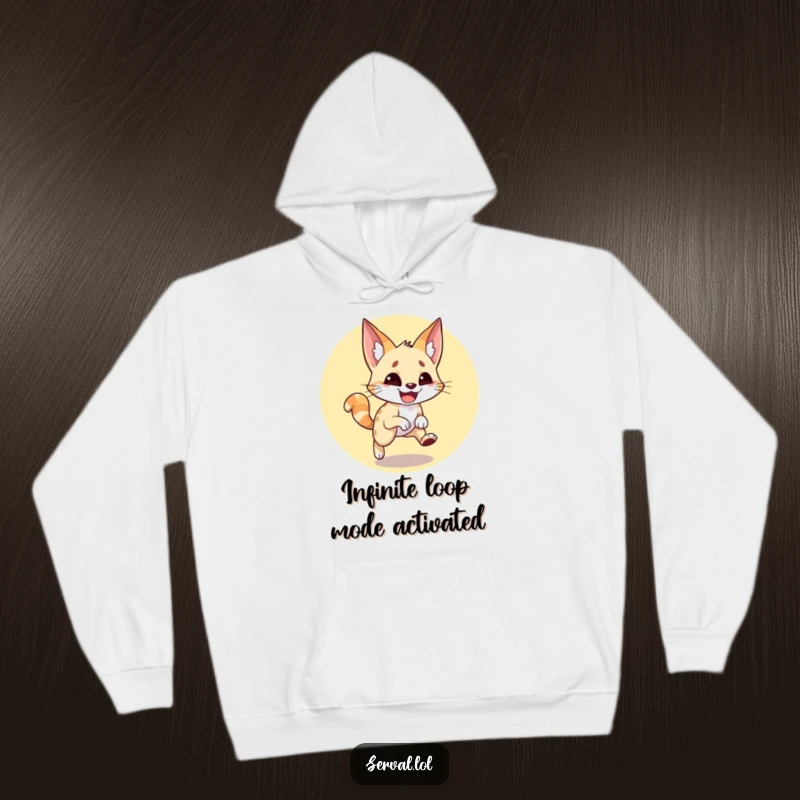 Funny serval hoodie showing a happy serval comically chasing its tail in a blur of motion, radiating pure joy and silliness.