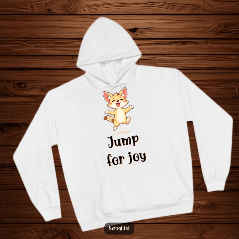 Funny kawaii serval cat depicted mid-leap with joyful energy on a soft, warm hoodie.