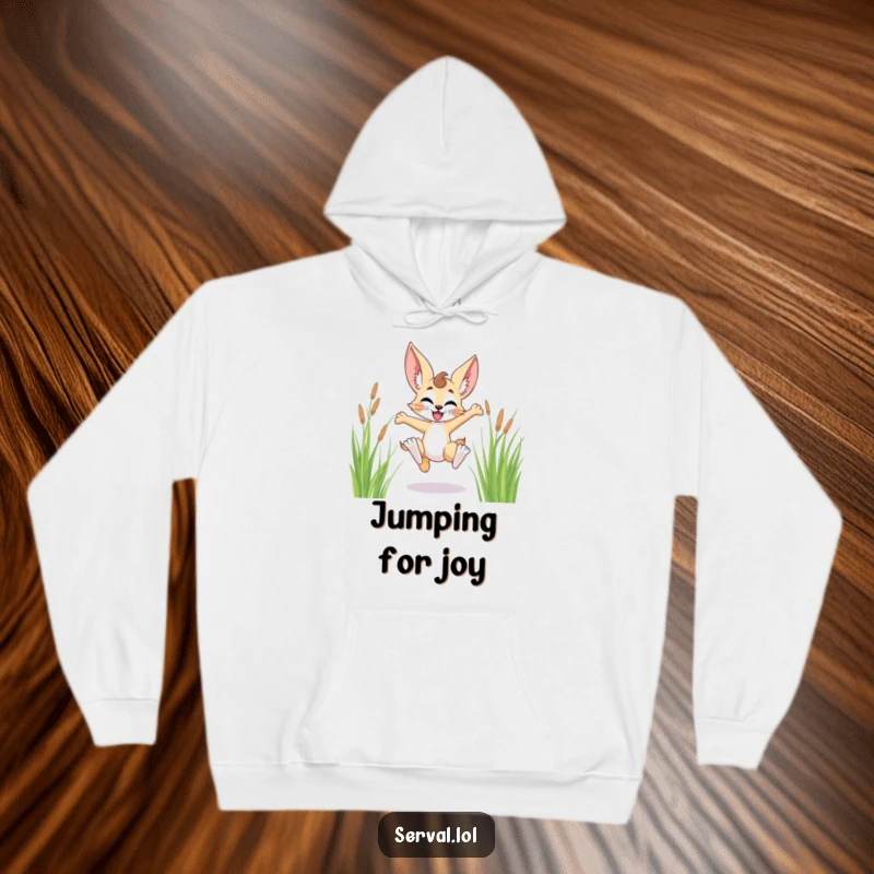 Funny serval character hoodie, joyfully leaping through tall grass, looking ecstatic and free, a cozy embrace of pure bliss.
