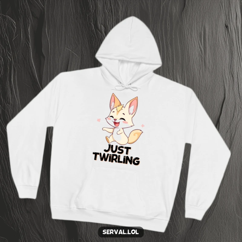 Funny serval hoodie depicting a serval in a joyful, energetic twirl, offering comfort and cheerful vibes.