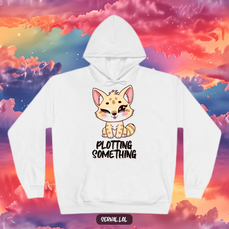 Funny kawaii serval giving a playful wink, its eyes sparkling with mischief, perfect for adding humor. Ideal gift.