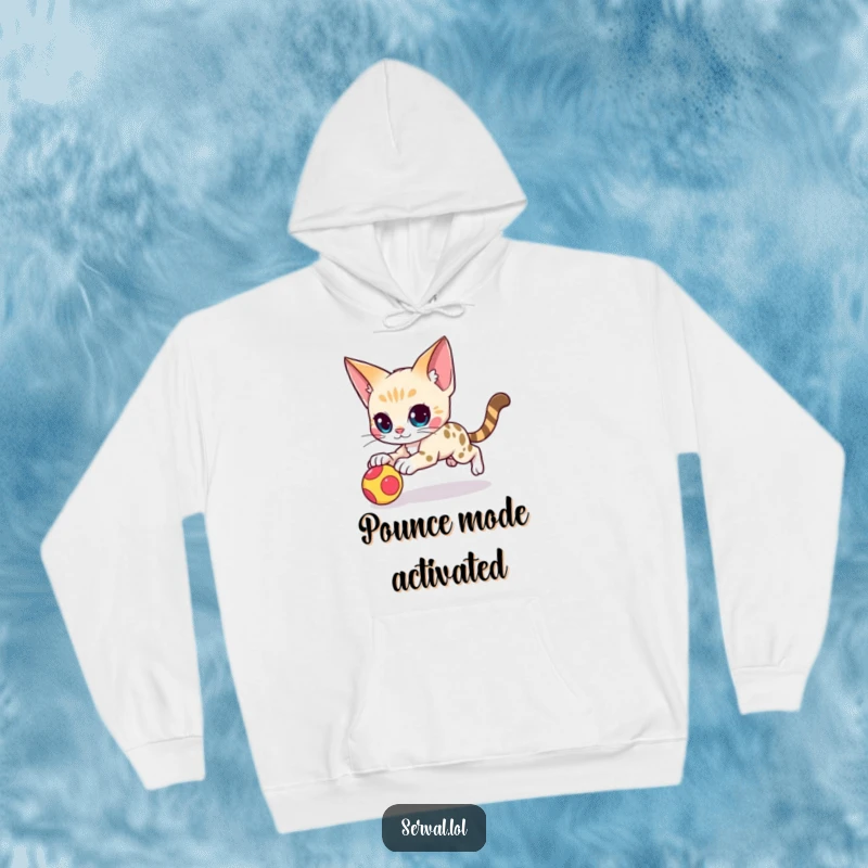 Funny serval cat character hoodie showing an agile serval cat executing a swift pounce, designed for cozy contemplation of prey.