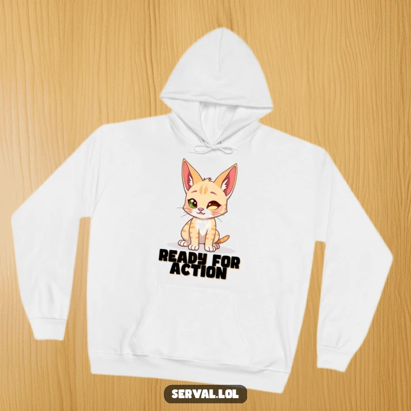 Funny hoodie depicting a serval cat in a dynamic, playful crouch, ready to pounce with wild and charming energy.