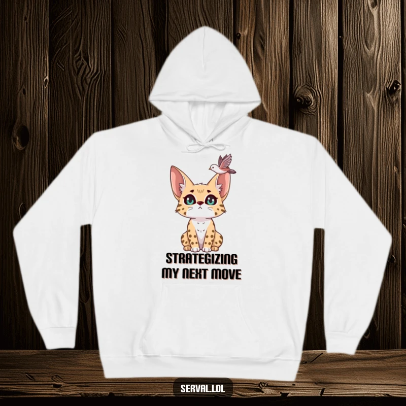 Funny serval hoodie depicting a serval with wide, expressive eyes, carefully observing a bird in flight overhead, a symbol of focused curiosity.