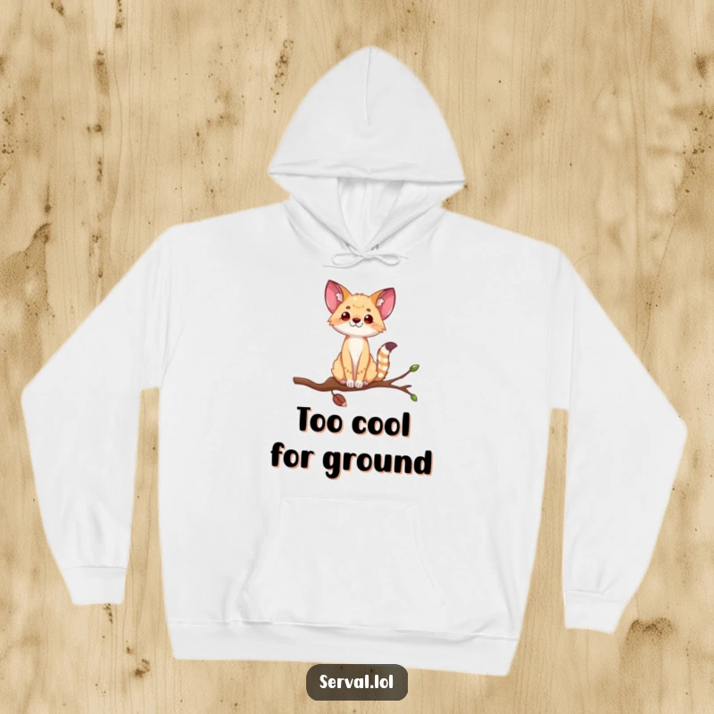 Funny serval hoodie showing a wild cat balancing on a thin branch, conveying a sense of daring and hilarious concentration.