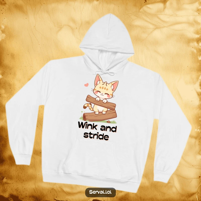 Funny hoodie showing a winking serval cat maintaining perfect balance on a log, radiating cool and playful vibes.