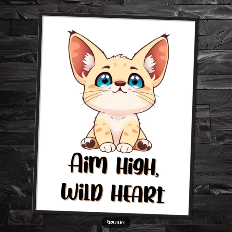 Funny Free Printable Wall Art of a serval with large, bright eyes looking upwards towards the sky with a sense of wonder.