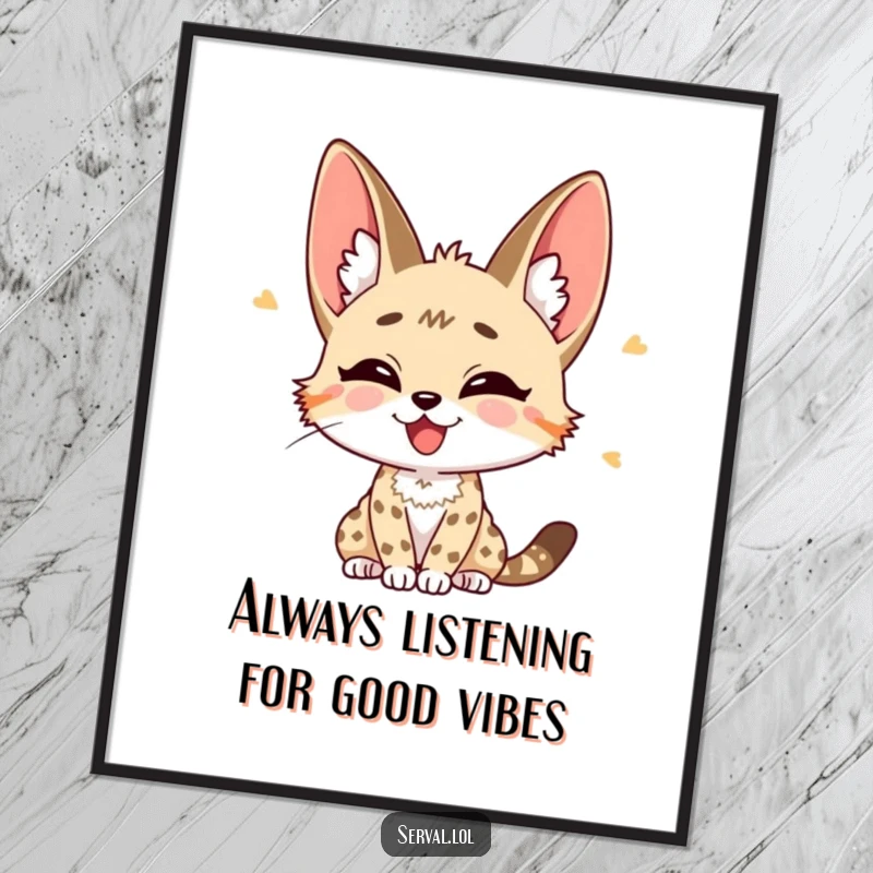 Funny Free Printable Wall Art: A serval with alert, perked ears, listening intently with a look of pure joy.