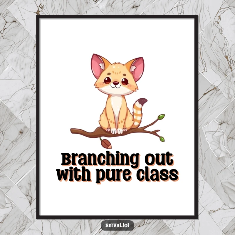 Funny Free Printable Wall Art: A serval with a determined yet comical expression balancing gracefully on a slender tree branch.