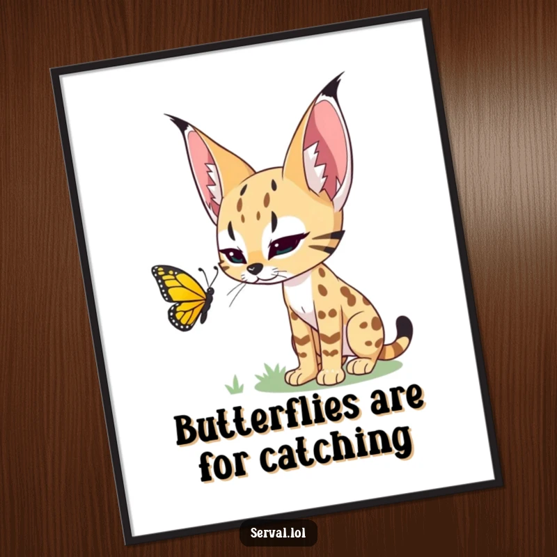 Funny Free Printable Wall Art: A serval stalks a brightly colored butterfly with intense, focused intent. Playful downloadable decor.