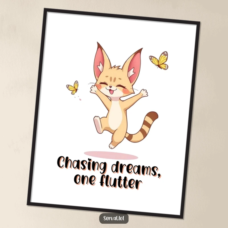 Cute Free Printable Wall Art: A kawaii serval character is captured mid-leap, chasing a beautiful fluttering butterfly.