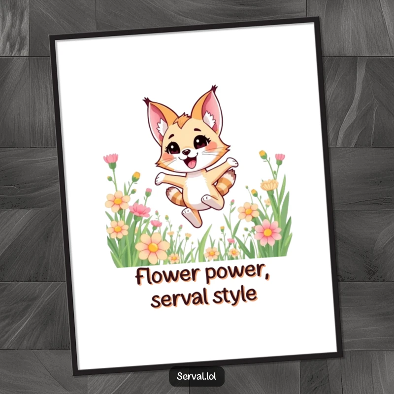 Funny Free Printable Wall Art of a cute kawaii serval character joyfully bounding through a field of tall flowers.