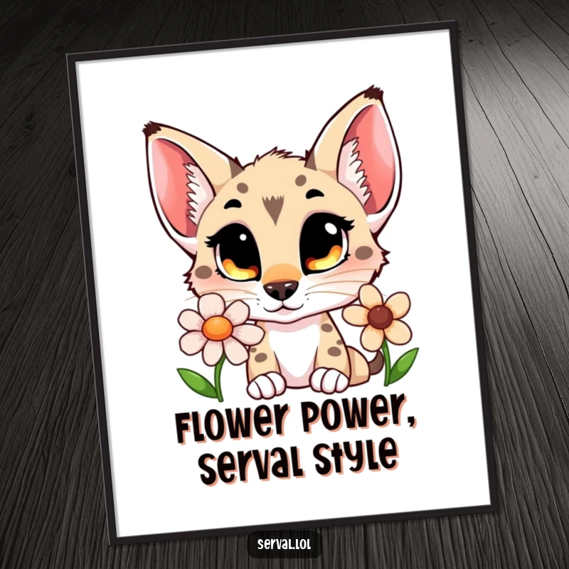 Funny Free Printable Wall Art: A serval with wide, curious eyes is engrossed in sniffing a delicate flower, downloadable art.