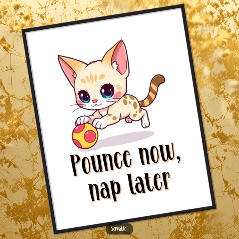 Funny Free Printable Wall Art of a serval cat character captured in a fierce, agile pounce on its favorite toy.
